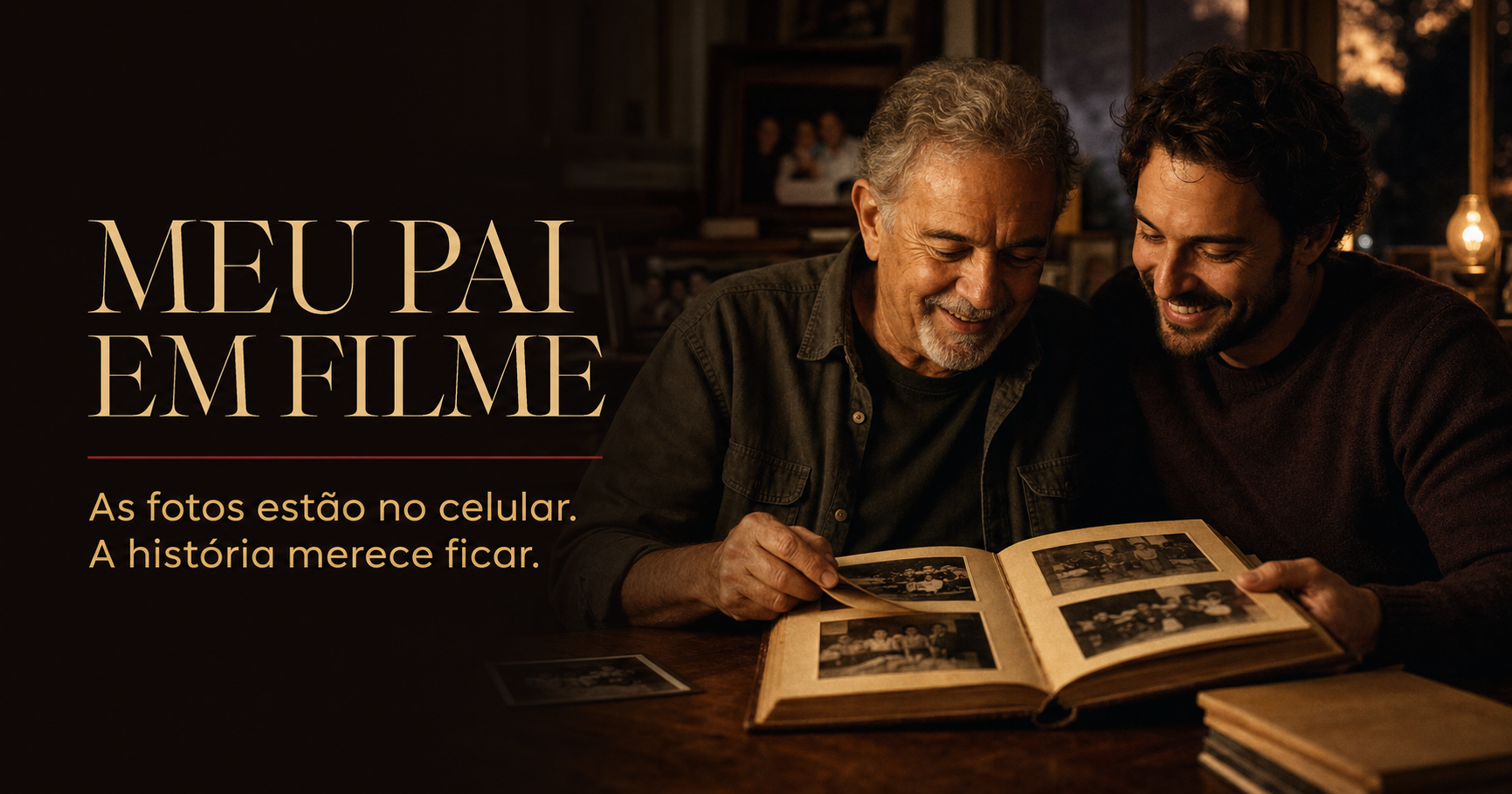 Pai e filho revendo um álbum de família